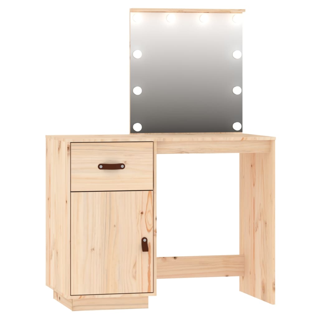 vidaXL Set de masă de toaletă cu LED, lemn masiv de pin