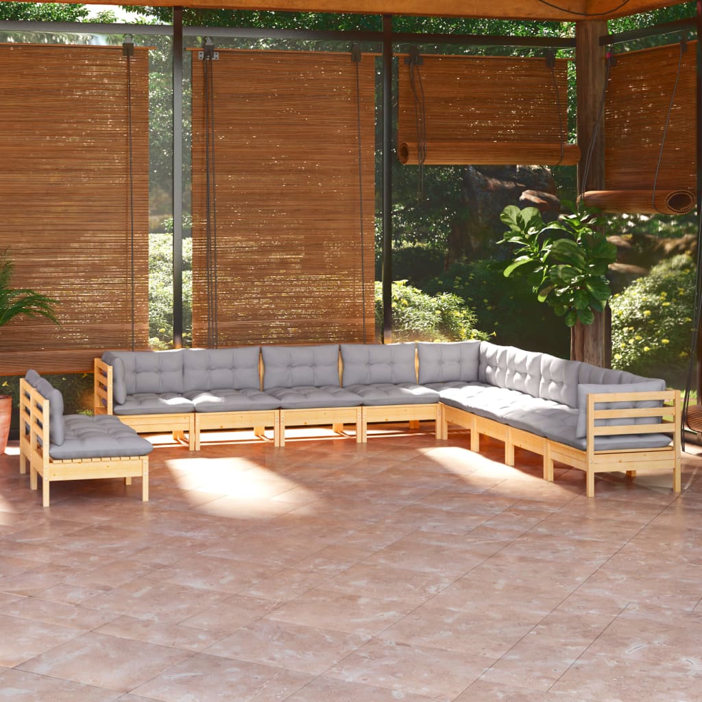 vidaXL Set mobilier grădină cu perne, 11 piese, gri, lemn masiv pin