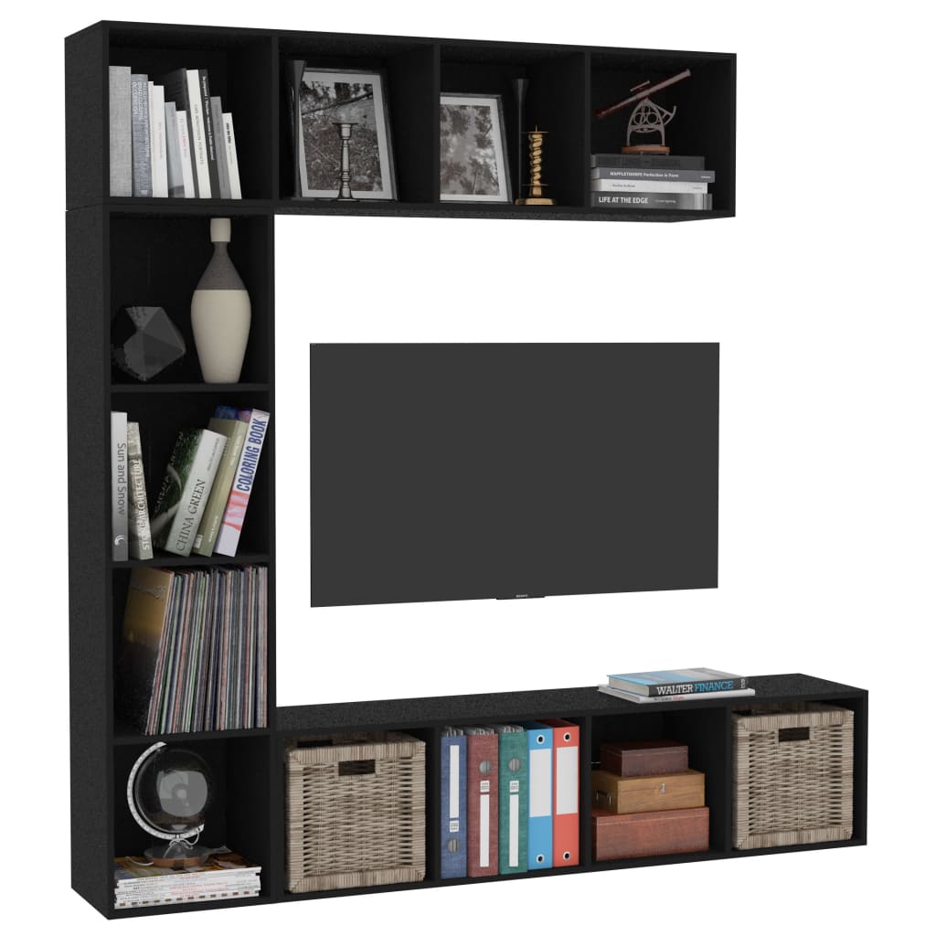 vidaXL Set dulap cărți/TV, 3 piese, negru, 180x30x180 cm