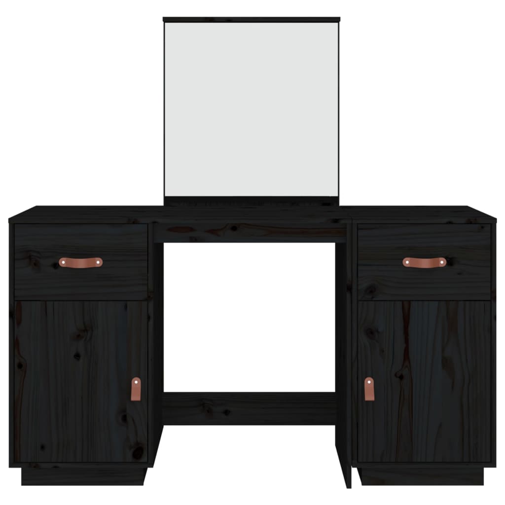 vidaXL Set masă de toaletă cu oglindă, negru, lemn masiv de pin