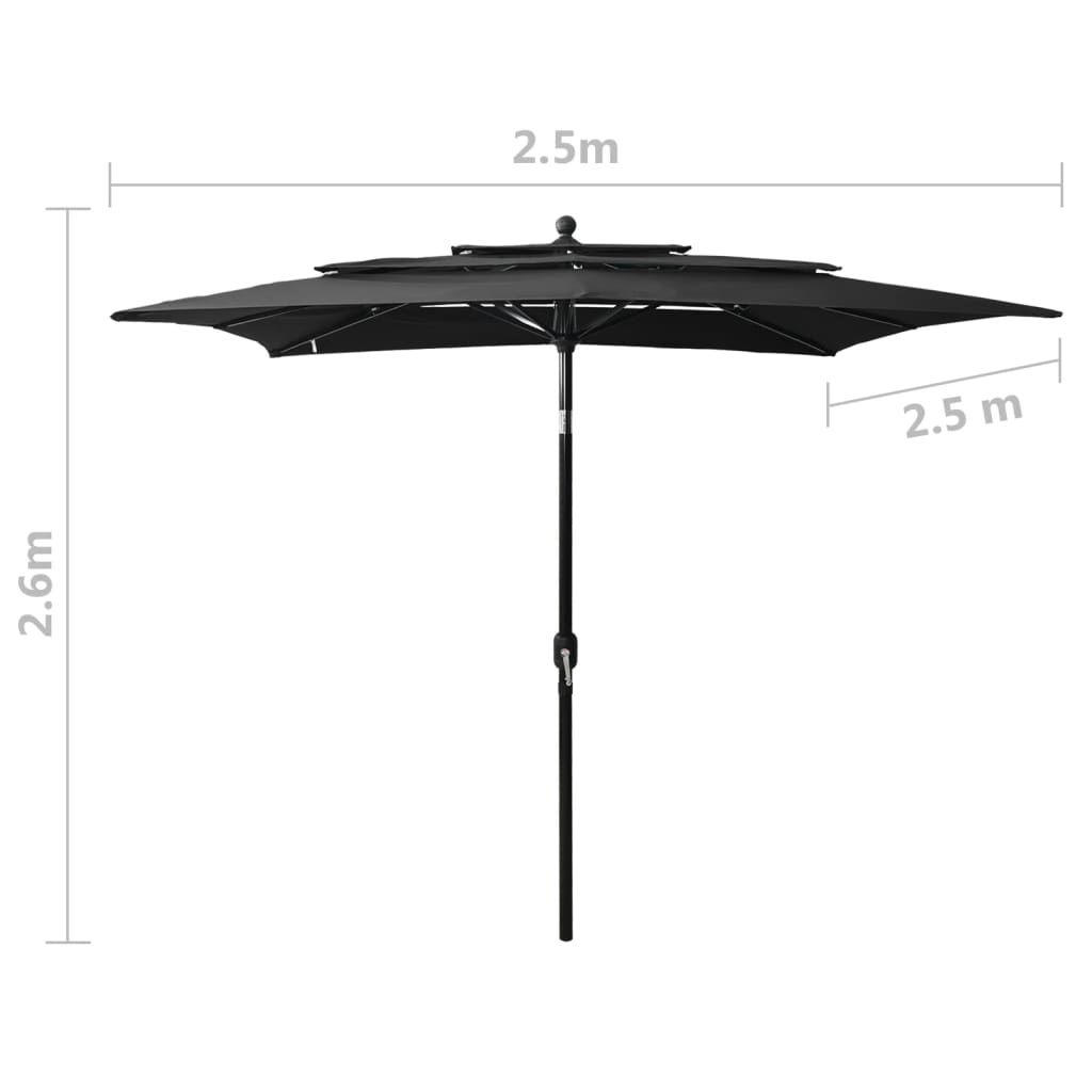 vidaXL Umbrelă de soare 3 niveluri, stâlp aluminiu, negru, 2,5x2,5 m