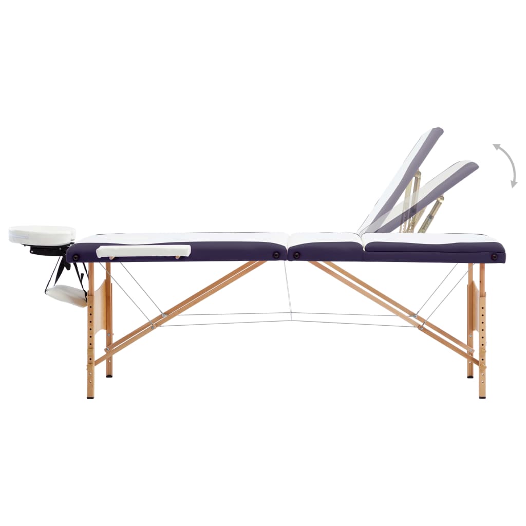 vidaXL Masă de masaj pliabilă, 3 zone, alb și violet, lemn