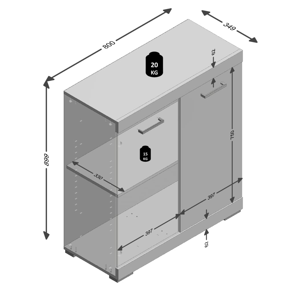 FMD Dulap cu 2 uși, alb și gri beton, 80 x 34,9 x 89,9 cm