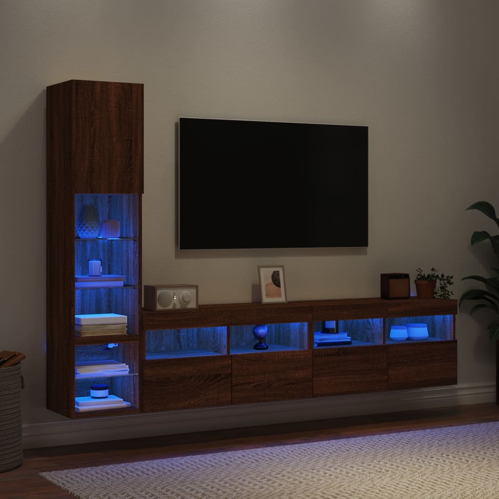 vidaXL Unități de perete TV cu LED-uri, 4 piese, stejar maro, lemn