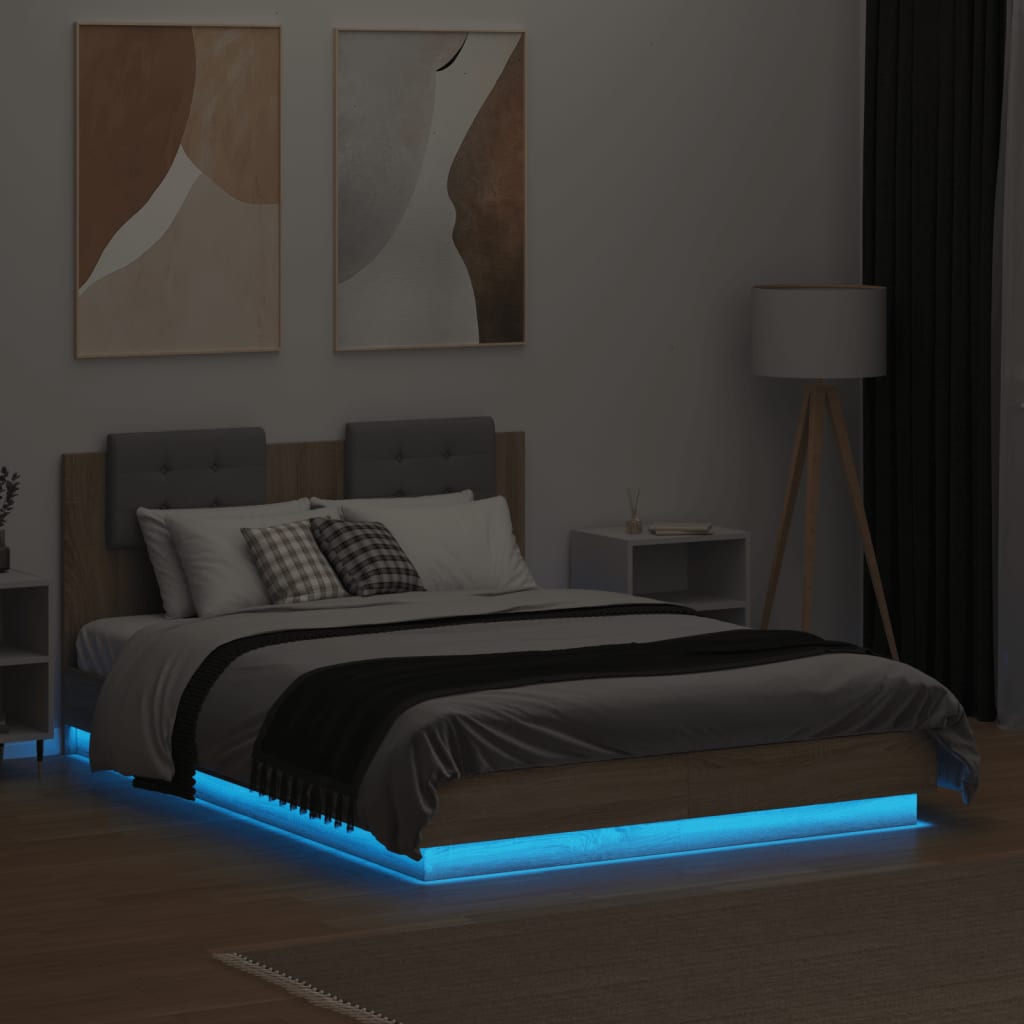 vidaXL Cadru de pat cu tăblie și lumini LED, stejar sonoma, 135x190 cm