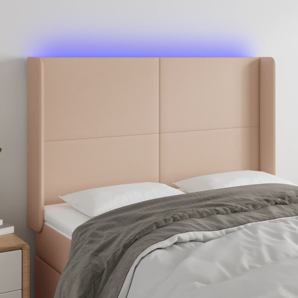 vidaXL Tăblie de pat cu LED, cappuccino, 147x16x118/128 cm, piele eco
