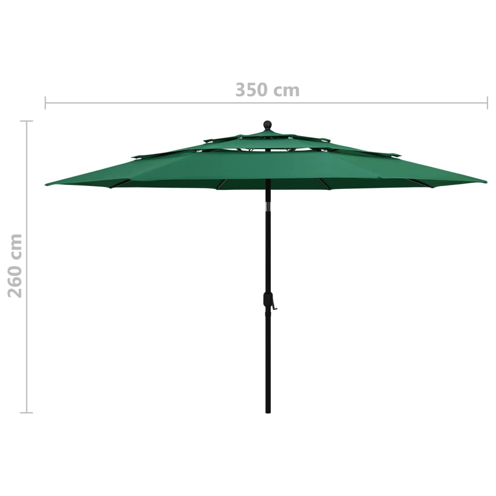 vidaXL Umbrelă de soare 3 niveluri, stâlp de aluminiu, verde, 3,5 m