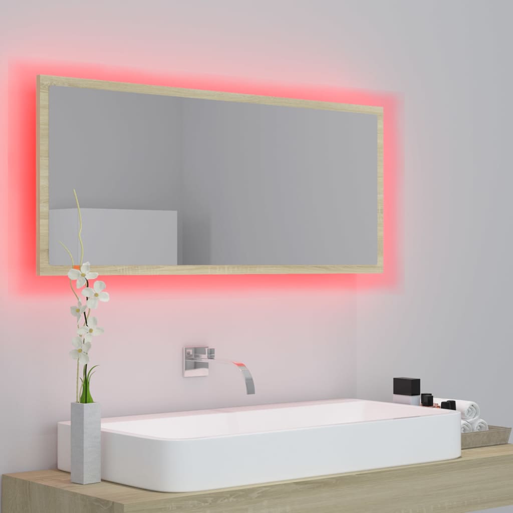 vidaXL Oglindă de baie cu LED, stejar sonoma, 100x8,5x37 cm, acril
