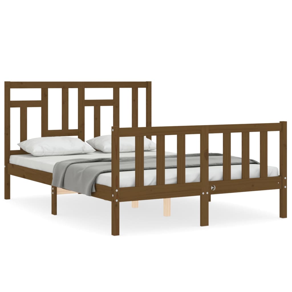 vidaXL Cadru de pat cu tăblie, dublu mic, maro miere, lemn masiv