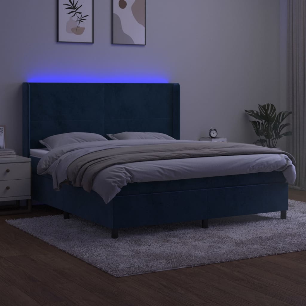 vidaXL Pat cu arcuri, saltea și LED, bleumarin, 180x200 cm, catifea