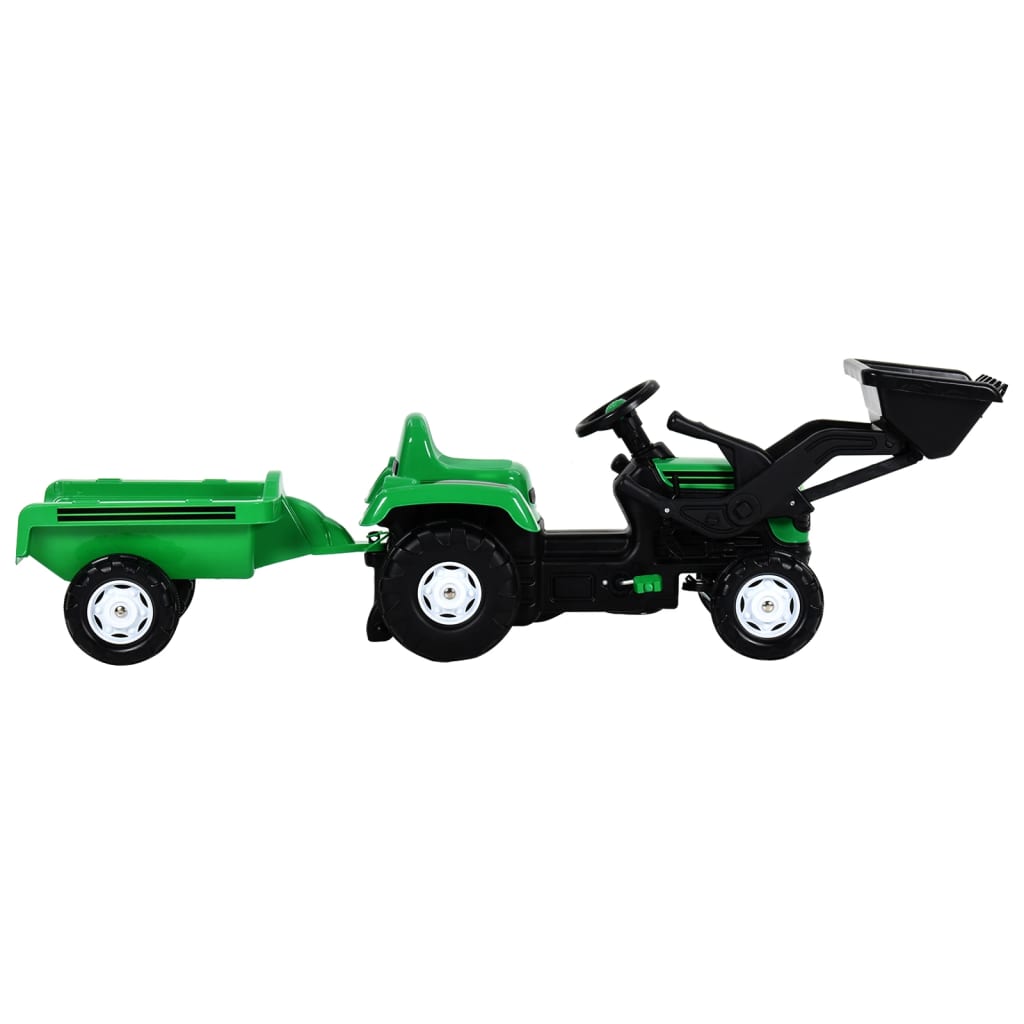 vidaXL Tractor copii cu pedale, remorcă şi încărcător, verde și negru