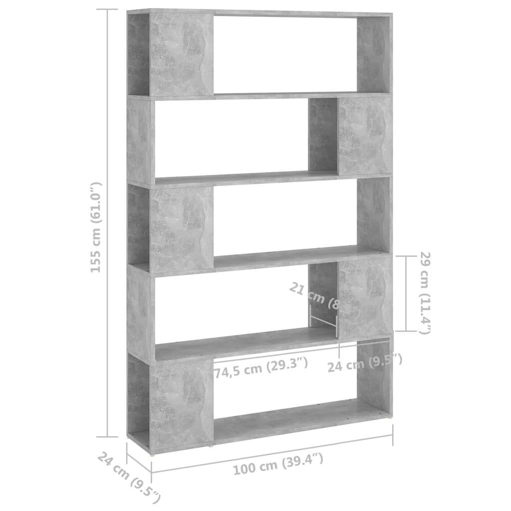 vidaXL Bibliotecă/Separator cameră, gri beton, 100x24x155 cm, PAL