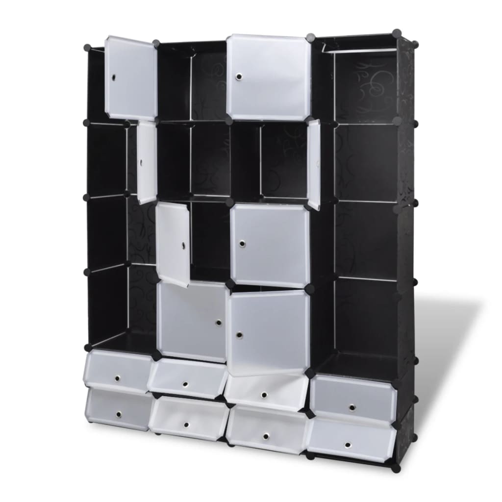 vidaXL Dulap modular cu 18 compartimente alb și negru 37x146x180,5 cm