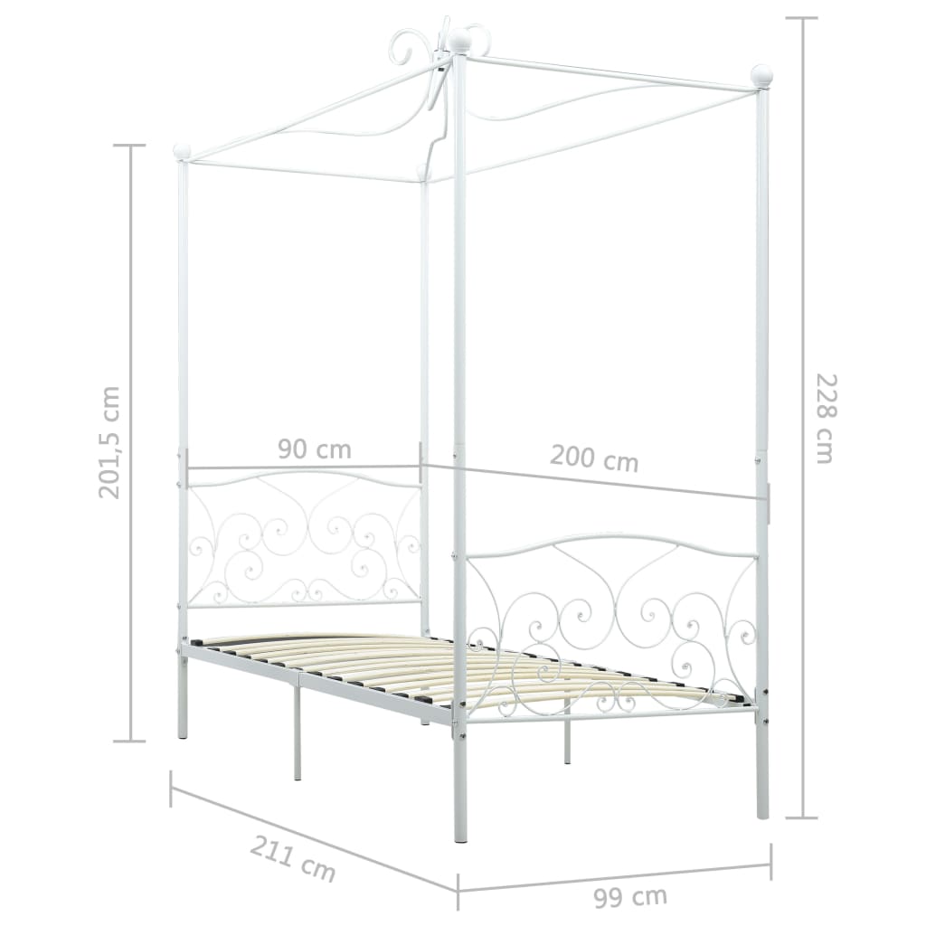 vidaXL Cadru de pat cu baldachin, alb, 90 x 200 cm, metal