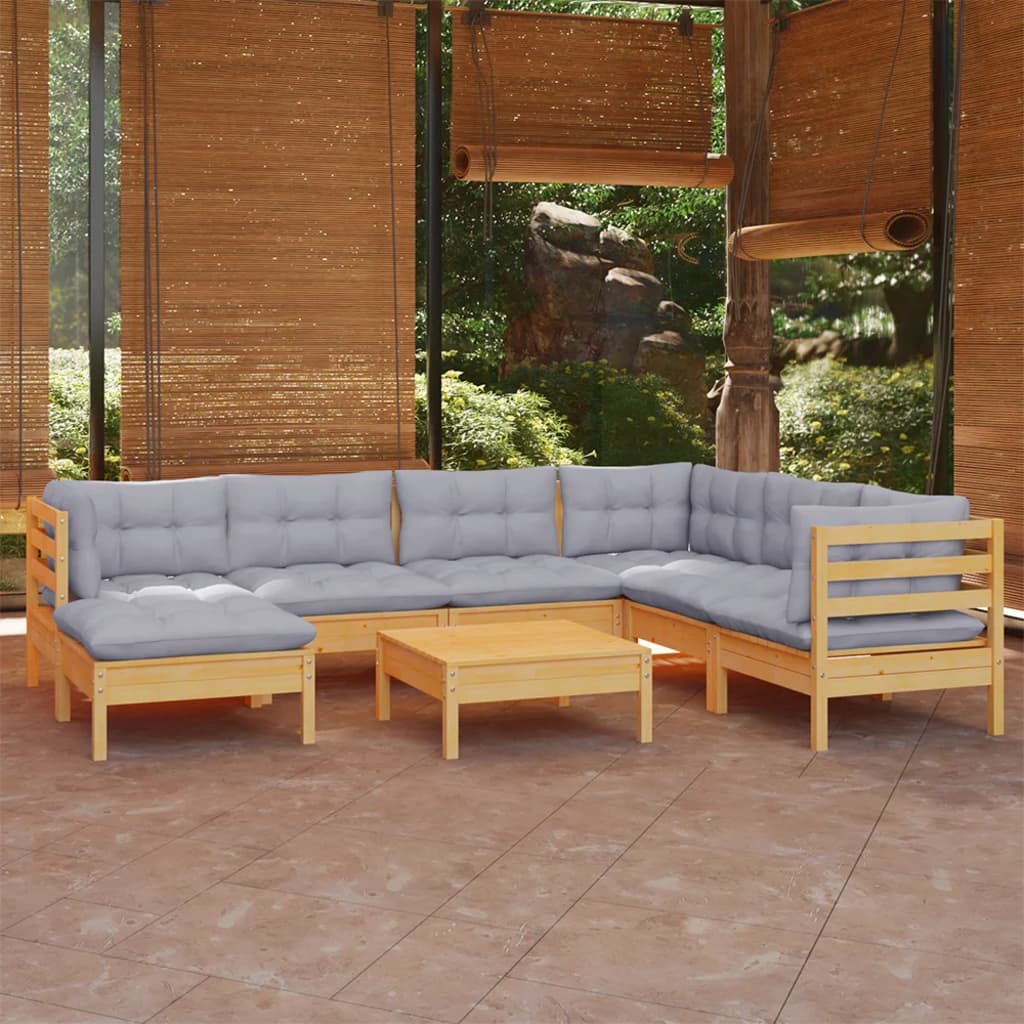 vidaXL Set mobilier grădină cu perne, 8 piese, gri, lemn masiv pin