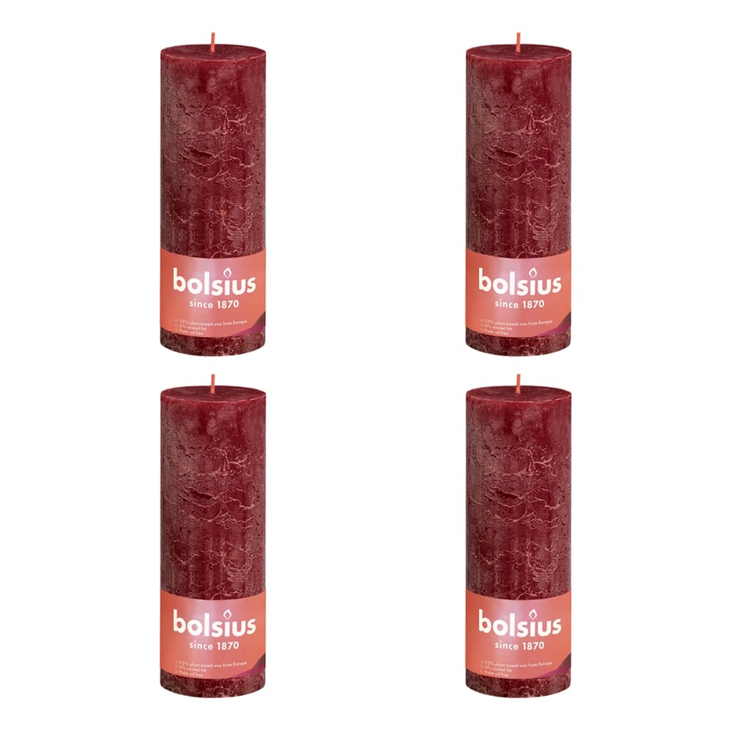 Bolsius Lumânări bloc rustice Shine, 4 buc., roșu catifelat, 190x68 mm