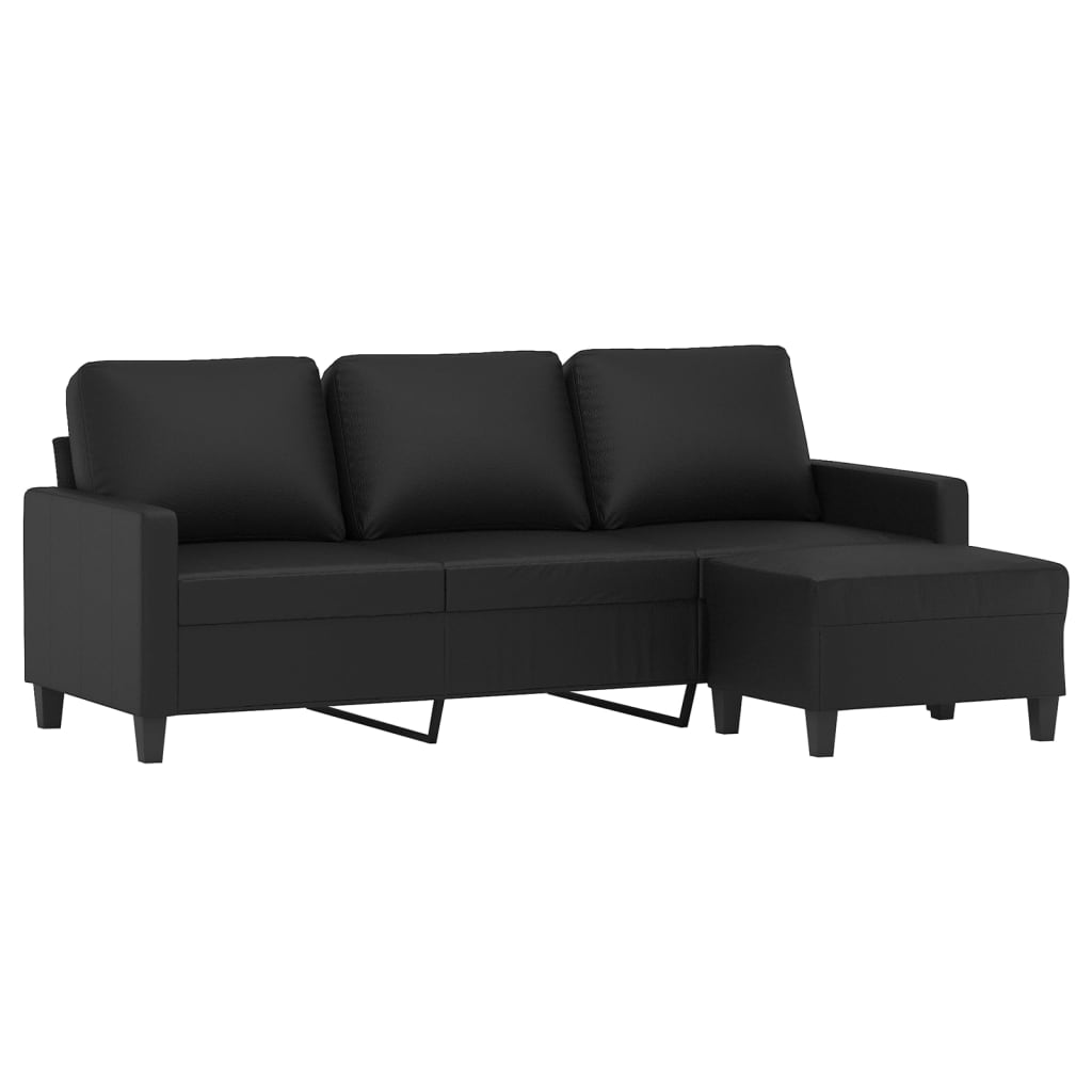 vidaXL Canapea cu 3 locuri și taburet, negru, 180 cm, piele ecologică