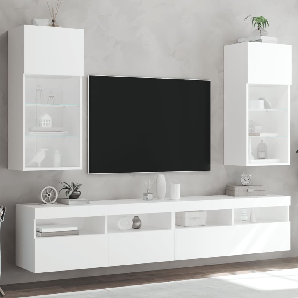 vidaXL Comode TV cu lumini LED, 2 buc., alb, 40,5x30x90 cm