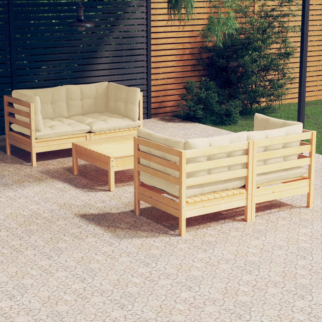 vidaXL Set mobilier grădină cu perne crem, 5 piese, lemn masiv de pin