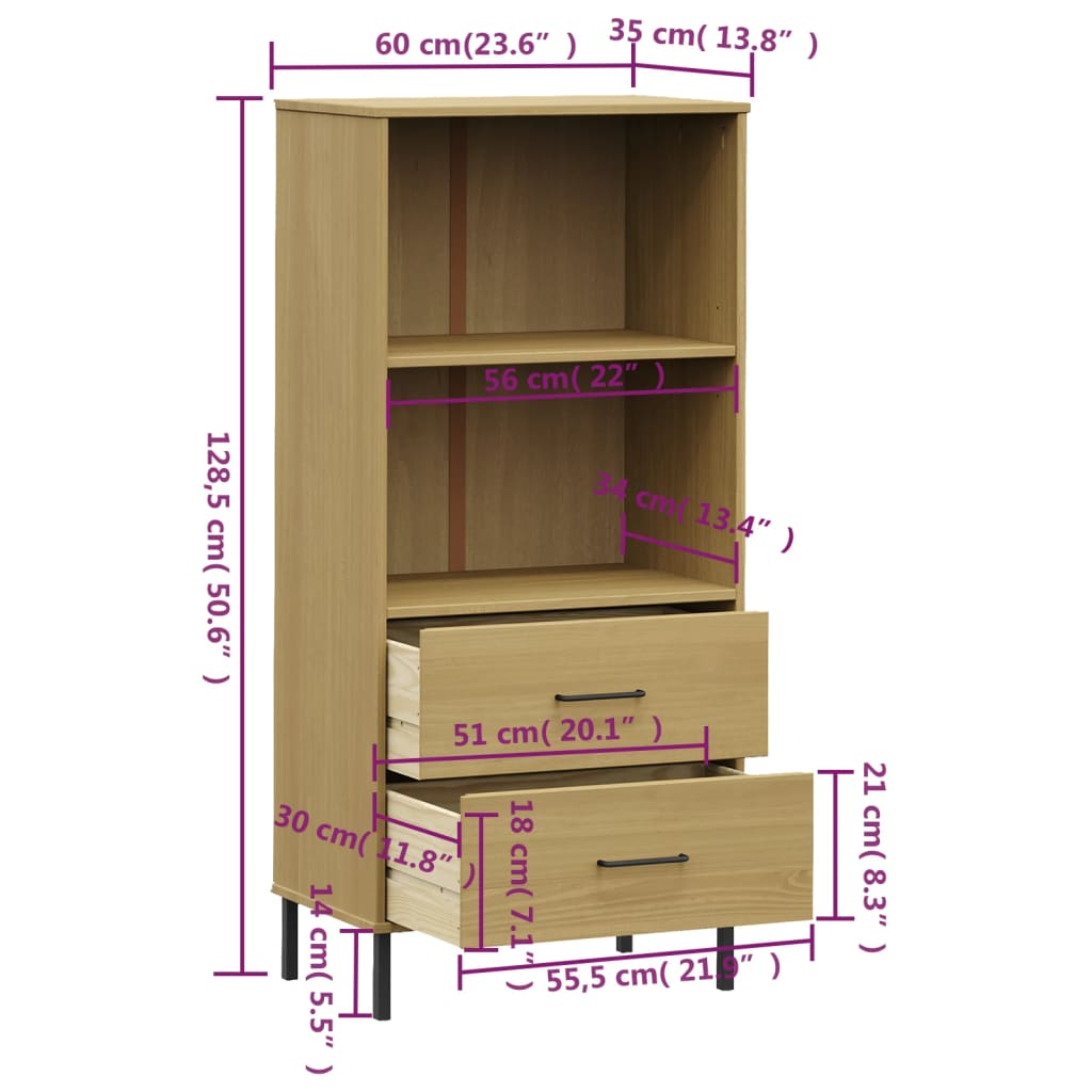 vidaXL Bibliotecă cu 2 sertare OSLO, maro, 60x35x128,5 cm, lemn masiv