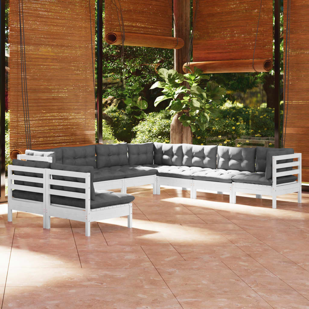 vidaXL Set mobilier de grădină cu perne, 9 piese, alb, lemn masiv pin