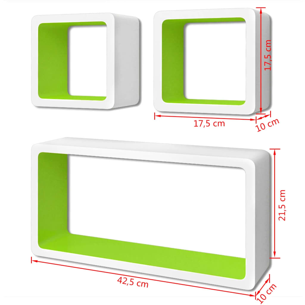 Raft perete suspendat MDF 3 buc alb-verde cuburi depozitare cărți/DVD