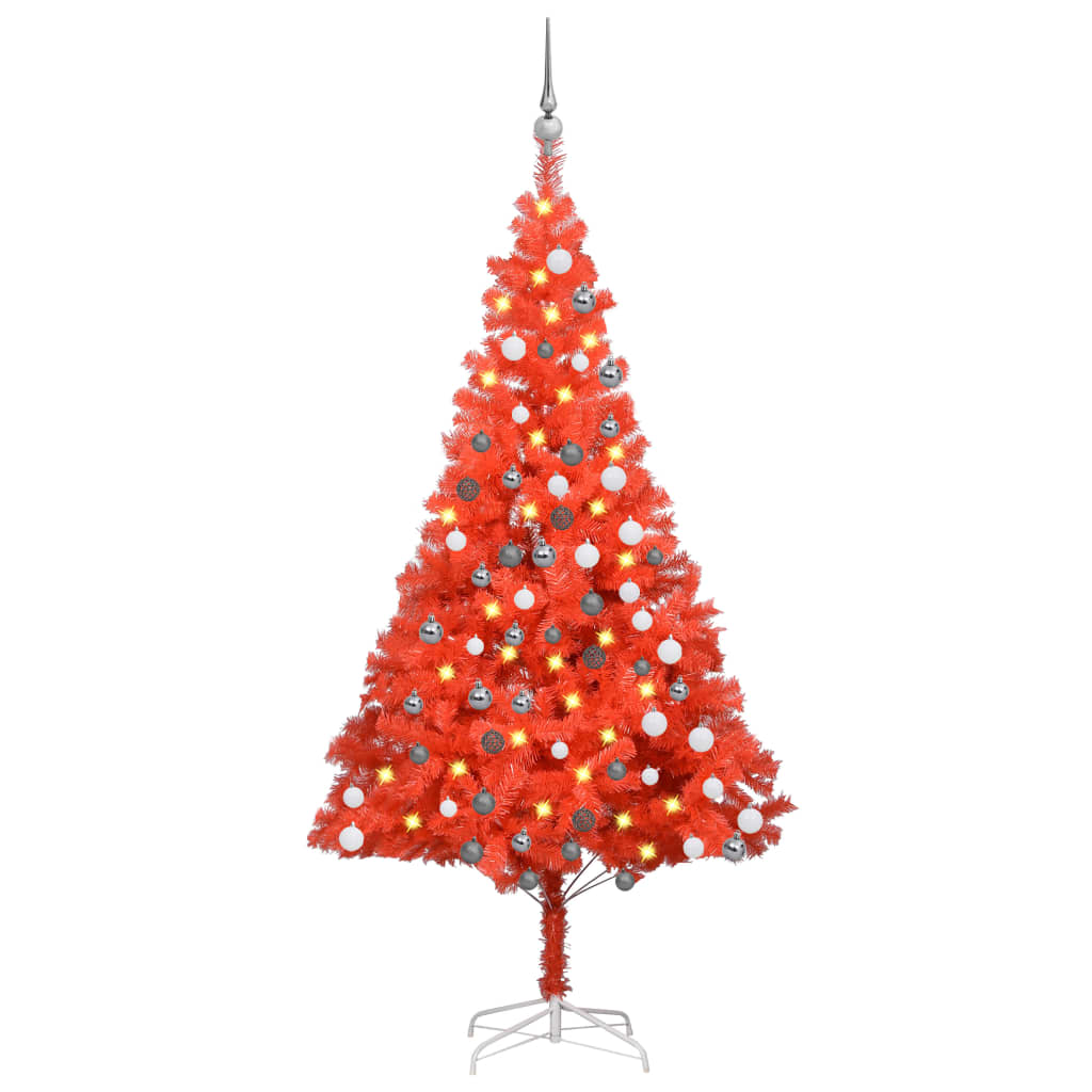 vidaXL Brad Crăciun pre-iluminat cu set globuri, roșu, 180 cm, PVC