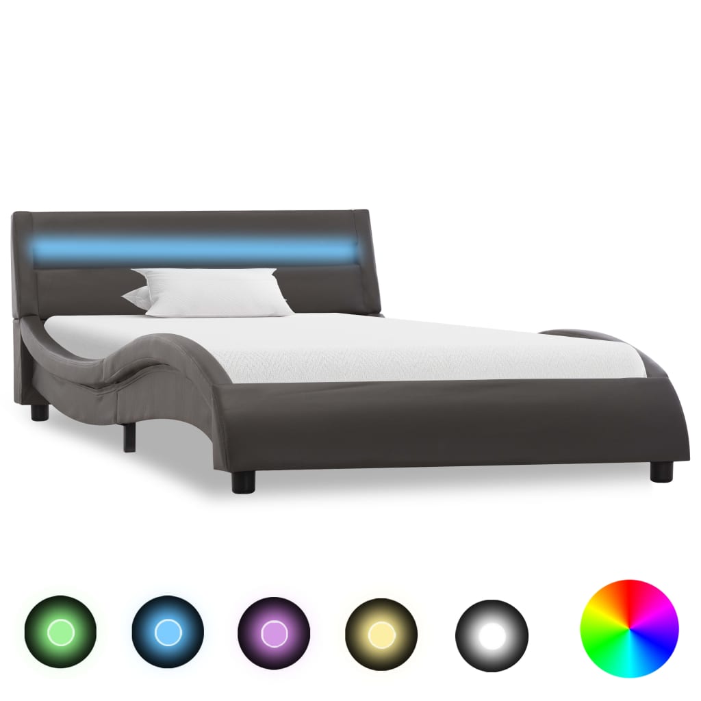 vidaXL Cadru de pat cu LED, gri, 90 x 200 cm, piele ecologică
