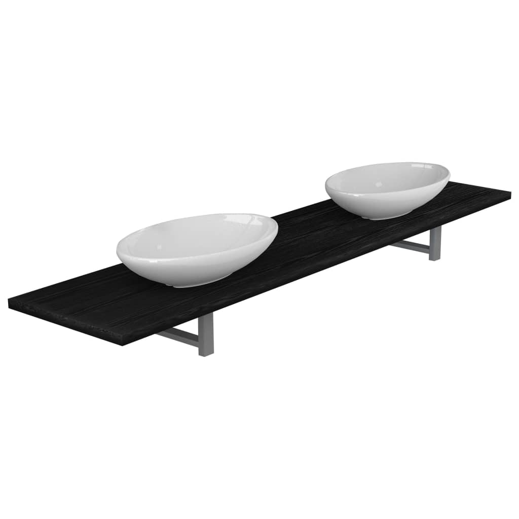 vidaXL Set mobilier de baie din trei piese, negru, ceramică