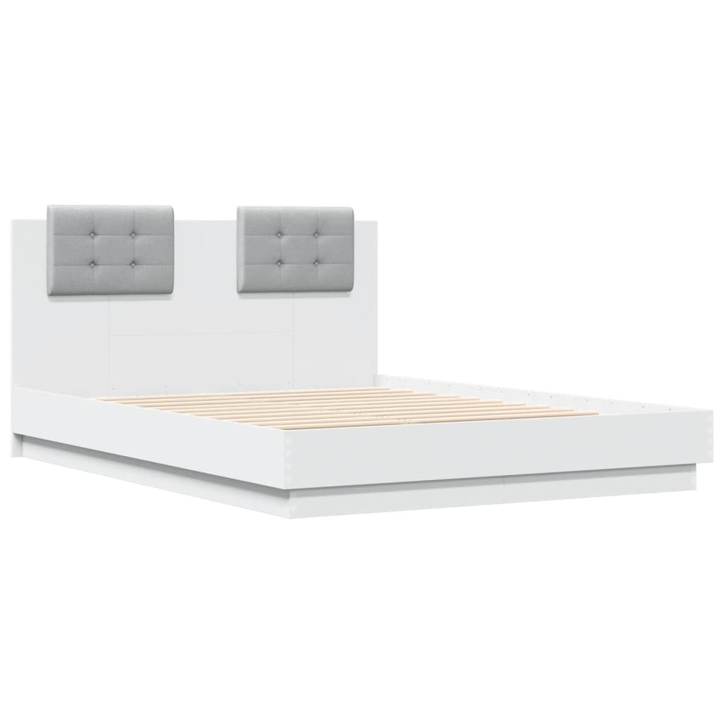 vidaXL Cadru de pat cu tăblie și lumini LED, alb, 140x190 cm