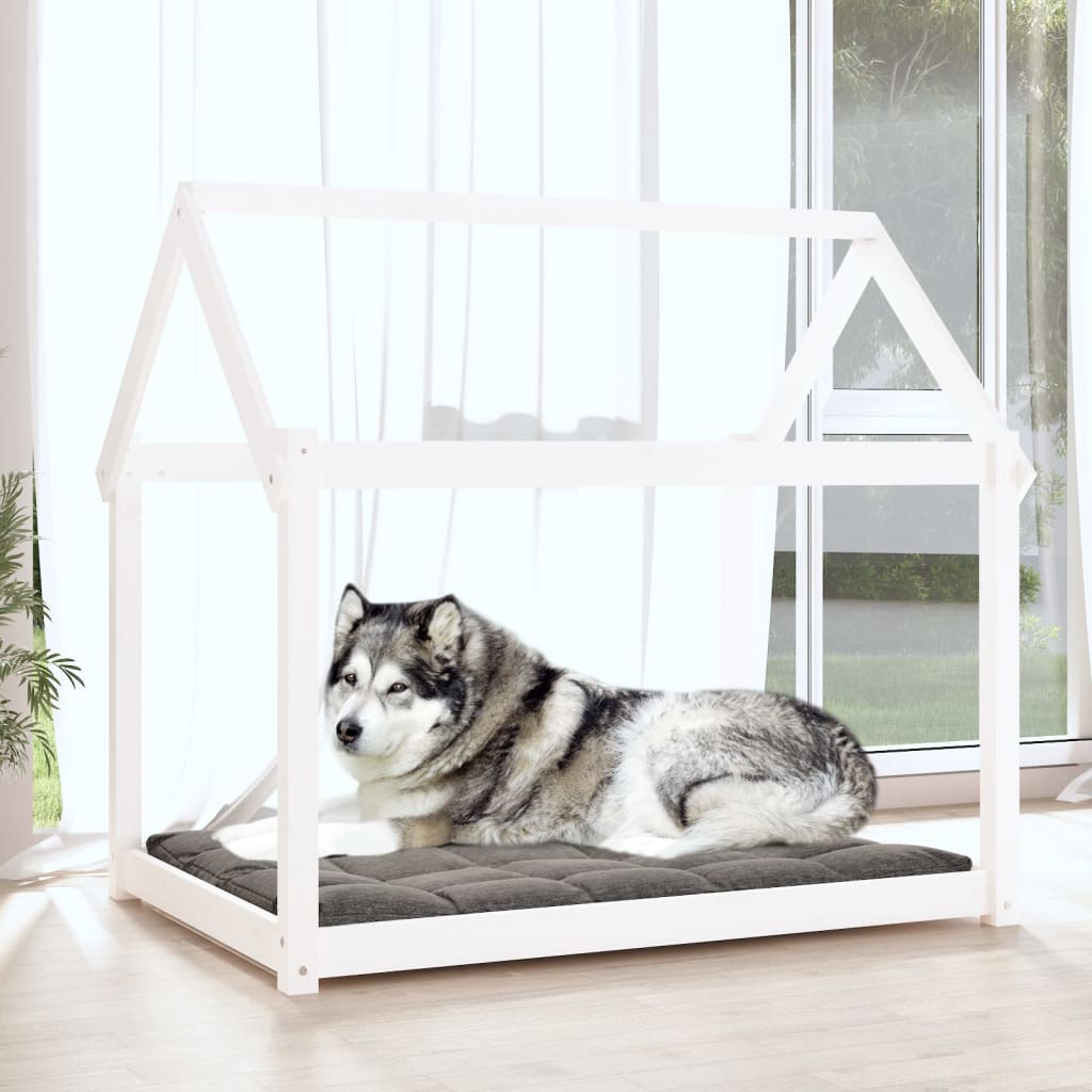 vidaXL Pat pentru câini, alb, 111x80x100 cm, lemn masiv de pin