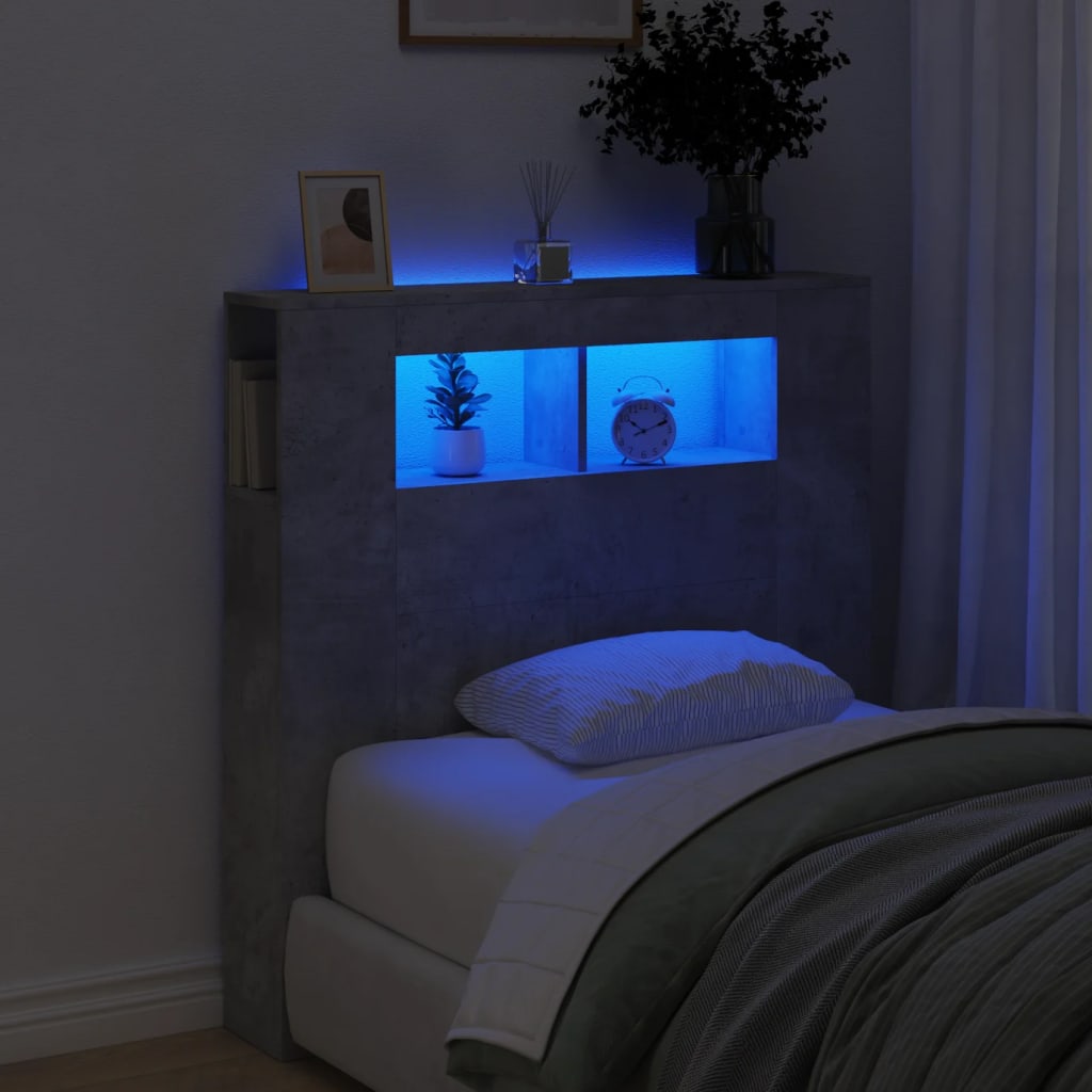 vidaXL Tăblie de pat cu LED, gri beton, 100x18,5x103,5 cm, lemn