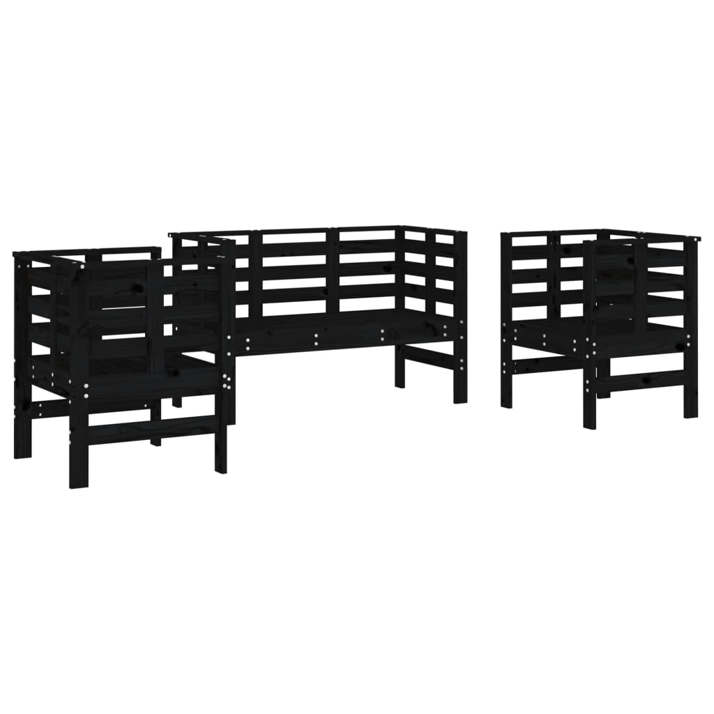 vidaXL Set mobilier de grădină, 3 piese, negru, lemn masiv pin