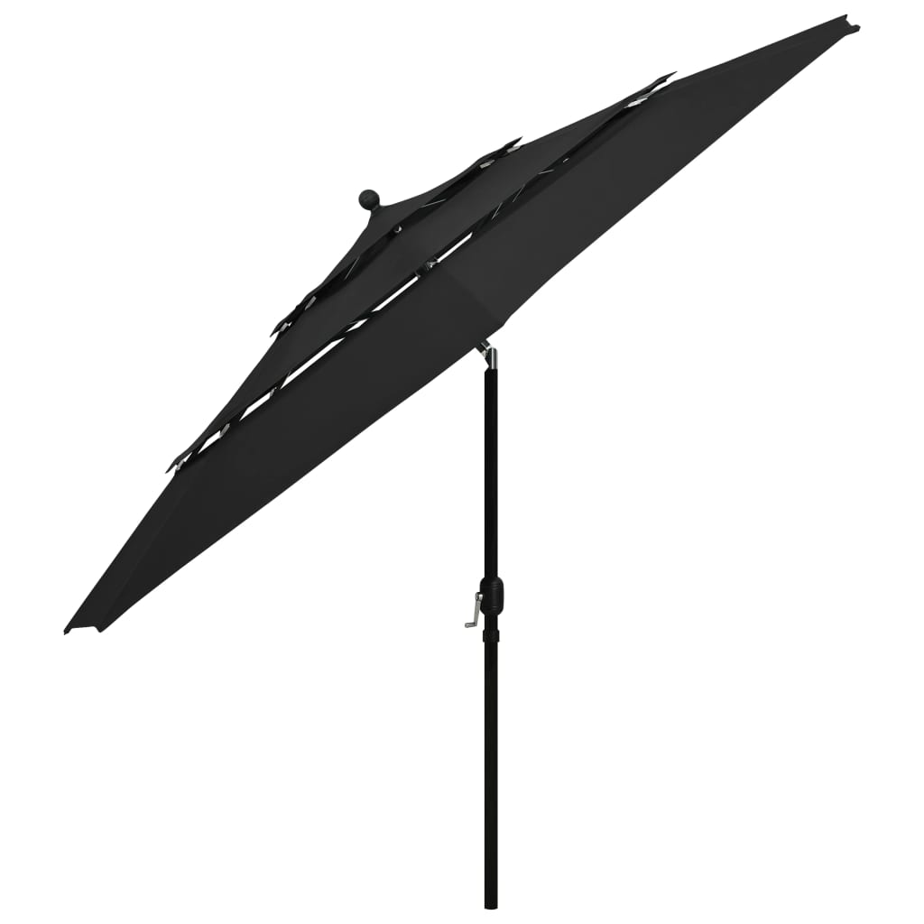 vidaXL Umbrelă de soare 3 niveluri, stâlp de aluminiu, negru, 3,5 m