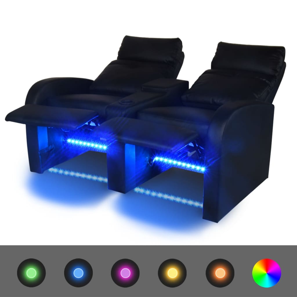 vidaXL Fotoliu rabatabil cu LED 2 locuri piele artificială negru