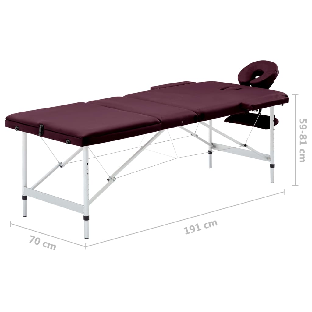 vidaXL Masă de masaj pliabilă cu 3 zone, violet vin, aluminiu