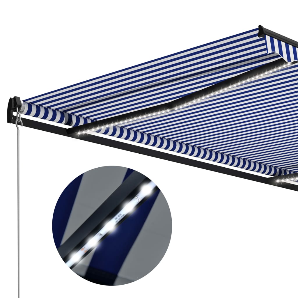 vidaXL Copertină retractabilă manual cu LED, albastru/alb, 450x300 cm