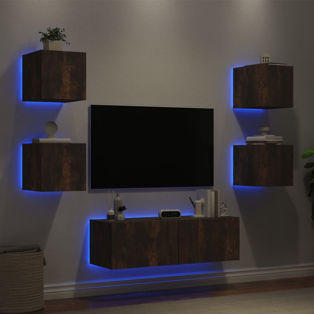 vidaXL Comode TV de perete cu lumini LED, 5 piese, stejar fumuriu