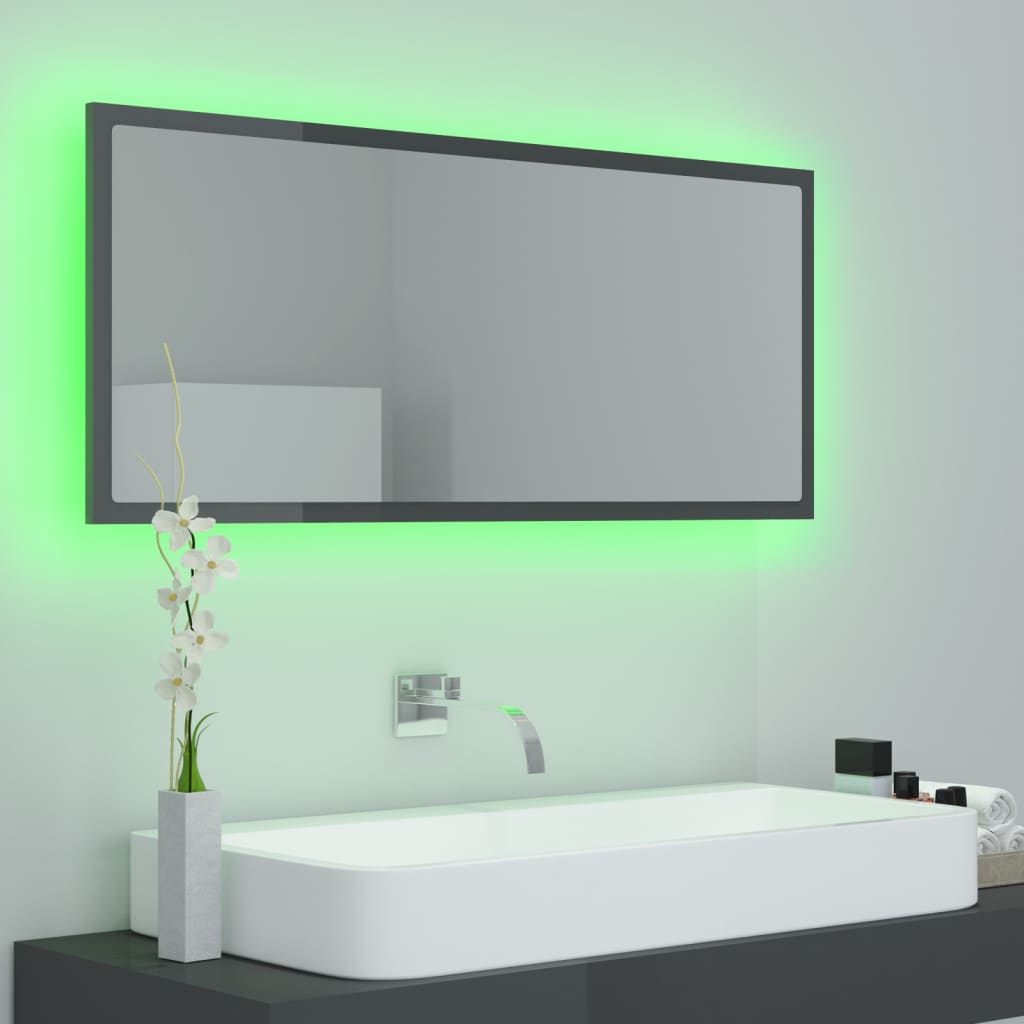 vidaXL Oglindă de baie cu LED, gri extralucios, 100x8,5x37 cm, acril
