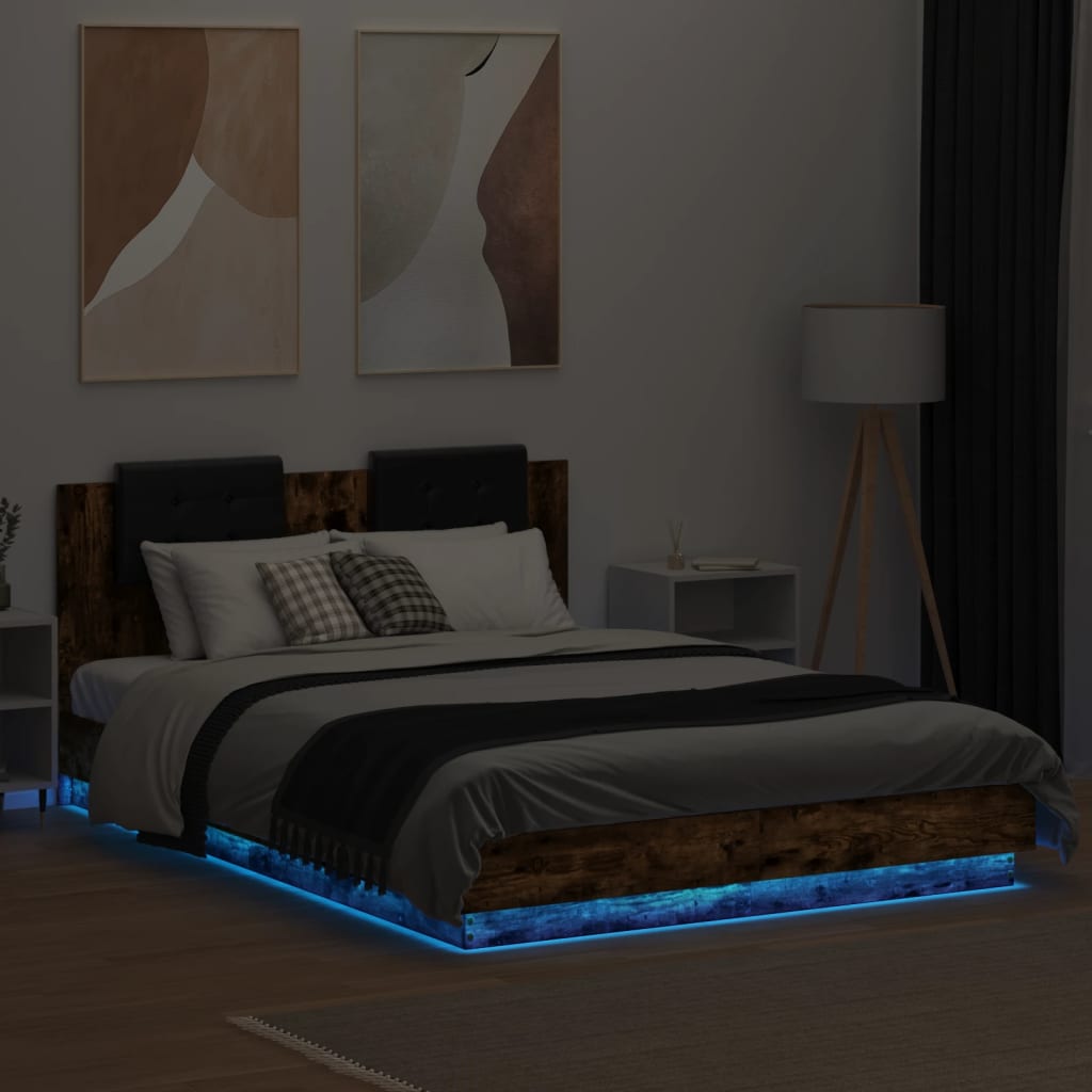 vidaXL Cadru de pat cu tăblie și lumini LED, stejar fumuriu, 150x200cm