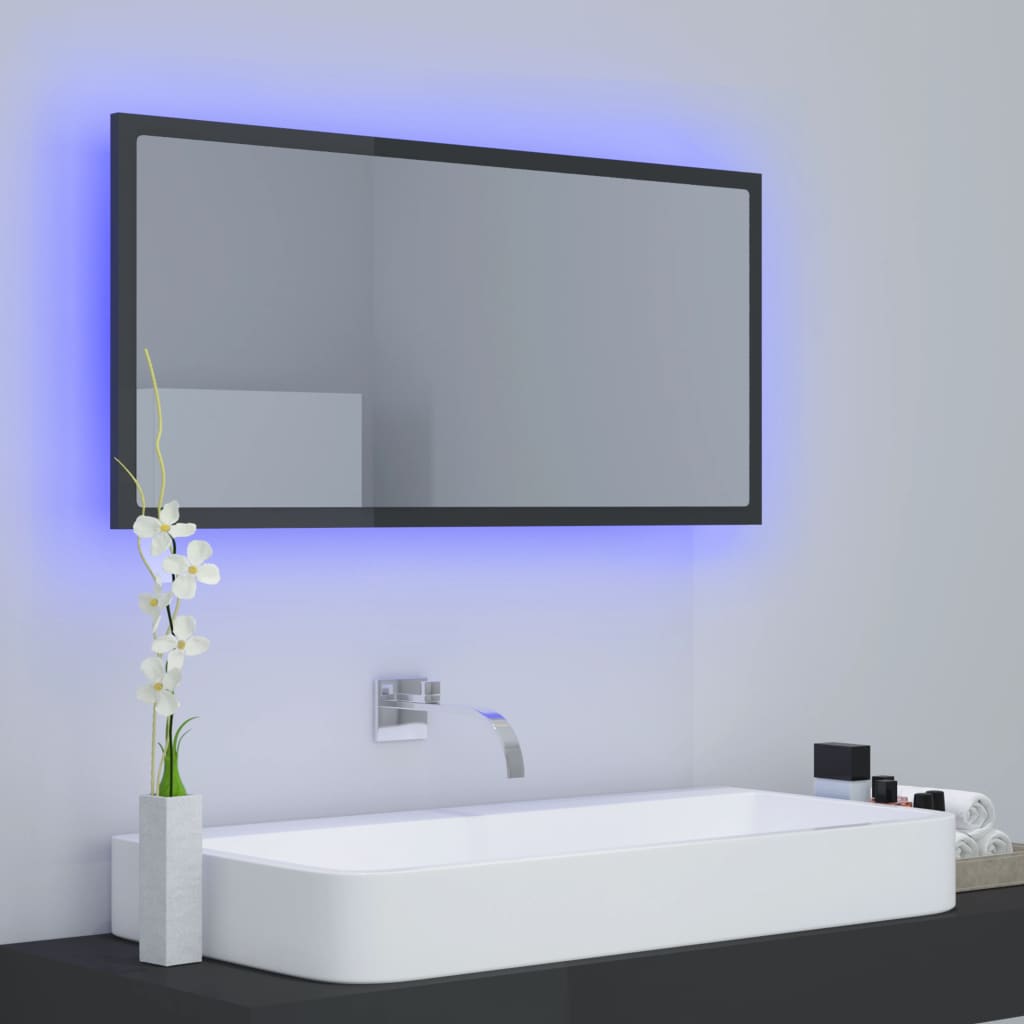 vidaXL Oglindă de baie cu LED, gri extralucios, 90x8,5x37 cm, acril