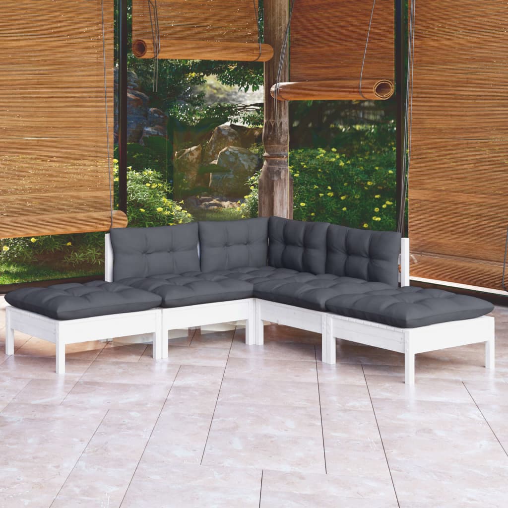 vidaXL Set mobilier grădină cu perne, 5 piese, alb, lemn de pin