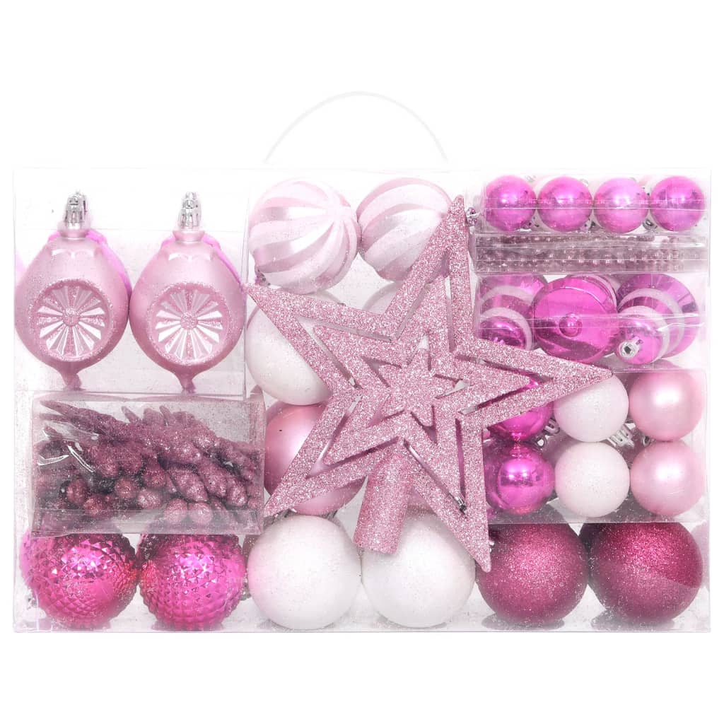 vidaXL Set globuri de Crăciun, 108 piese, alb și roz