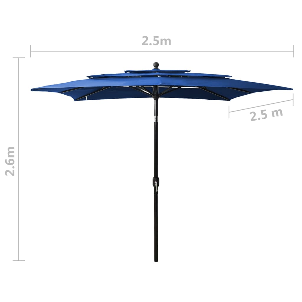 vidaXL Umbrelă soare 3 niveluri, stâlp de aluminiu, azuriu, 2,5x2,5 m