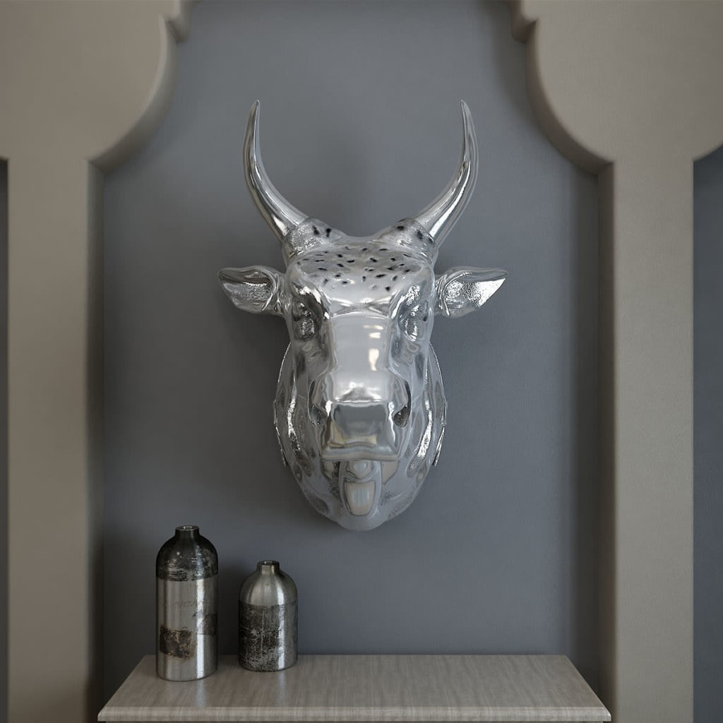 vidaXL Decorațiune de perete model cap de vacă, aluminiu, argintiu