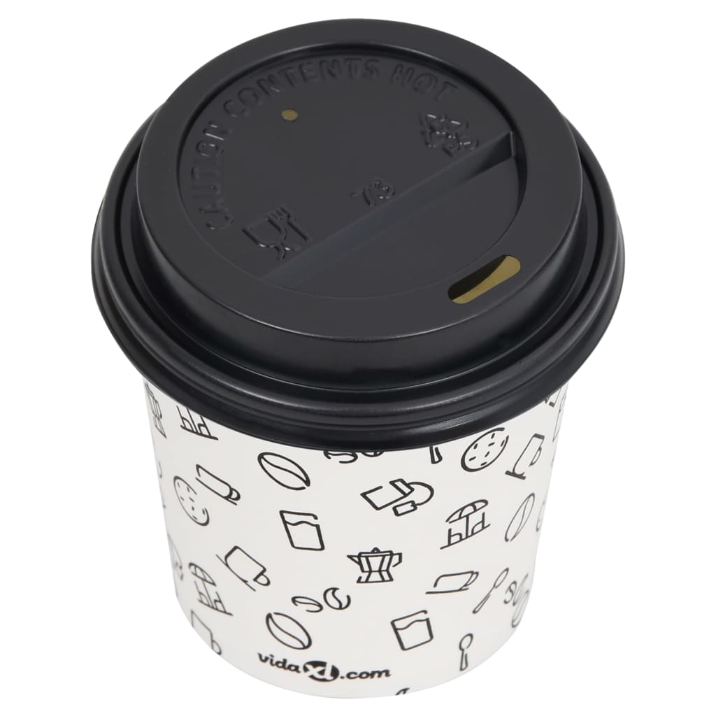 vidaXL Pahare de cafea de hârtie cu capace, 500 buc., alb/negru 200 ml