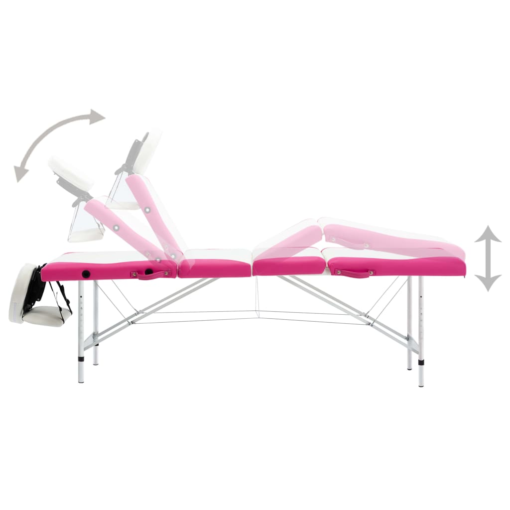 vidaXL Masă pliabilă de masaj, 4 zone, aluminiu, alb și roz
