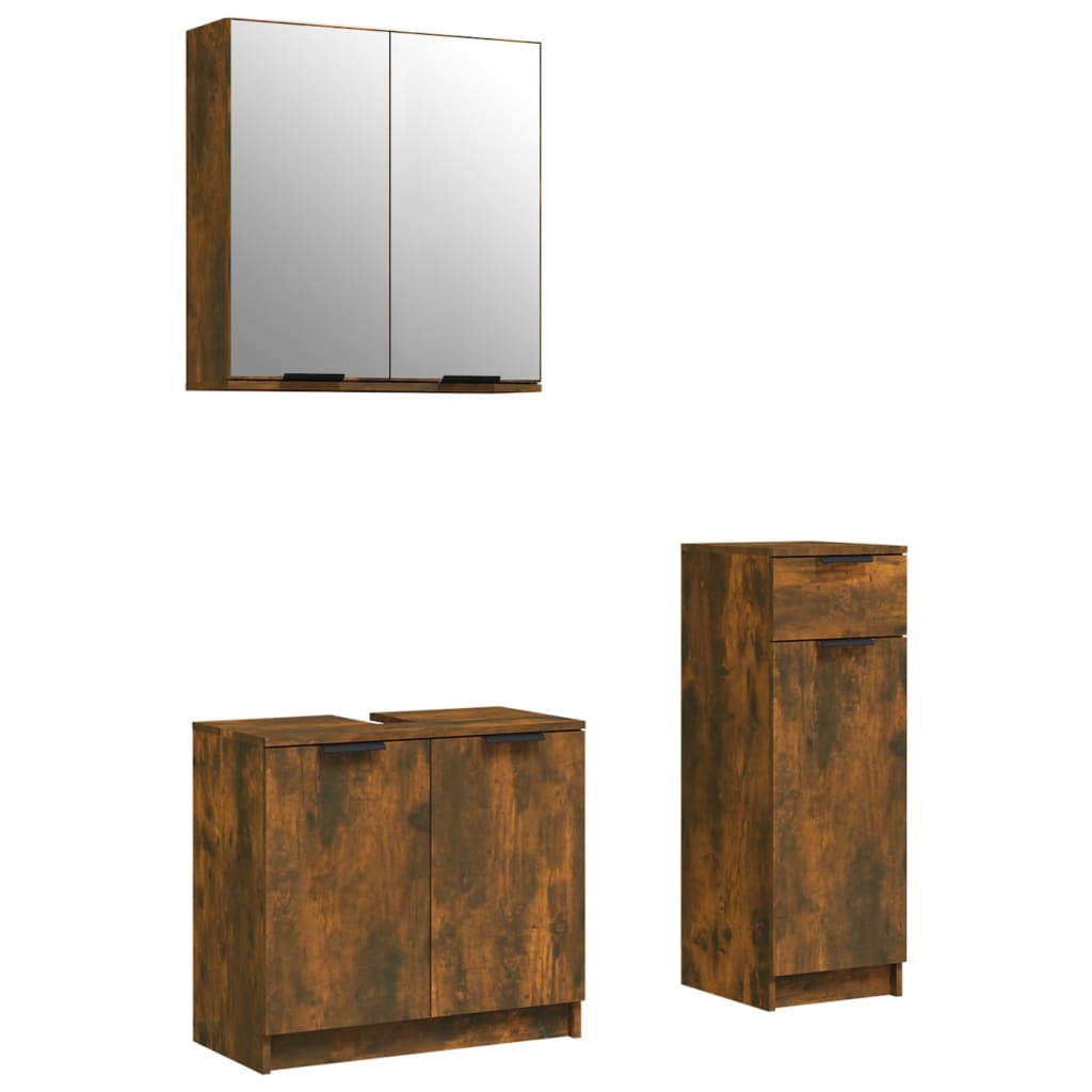 vidaXL Set dulapuri de baie, 3 piese, stejar afumat, lemn prelucrat