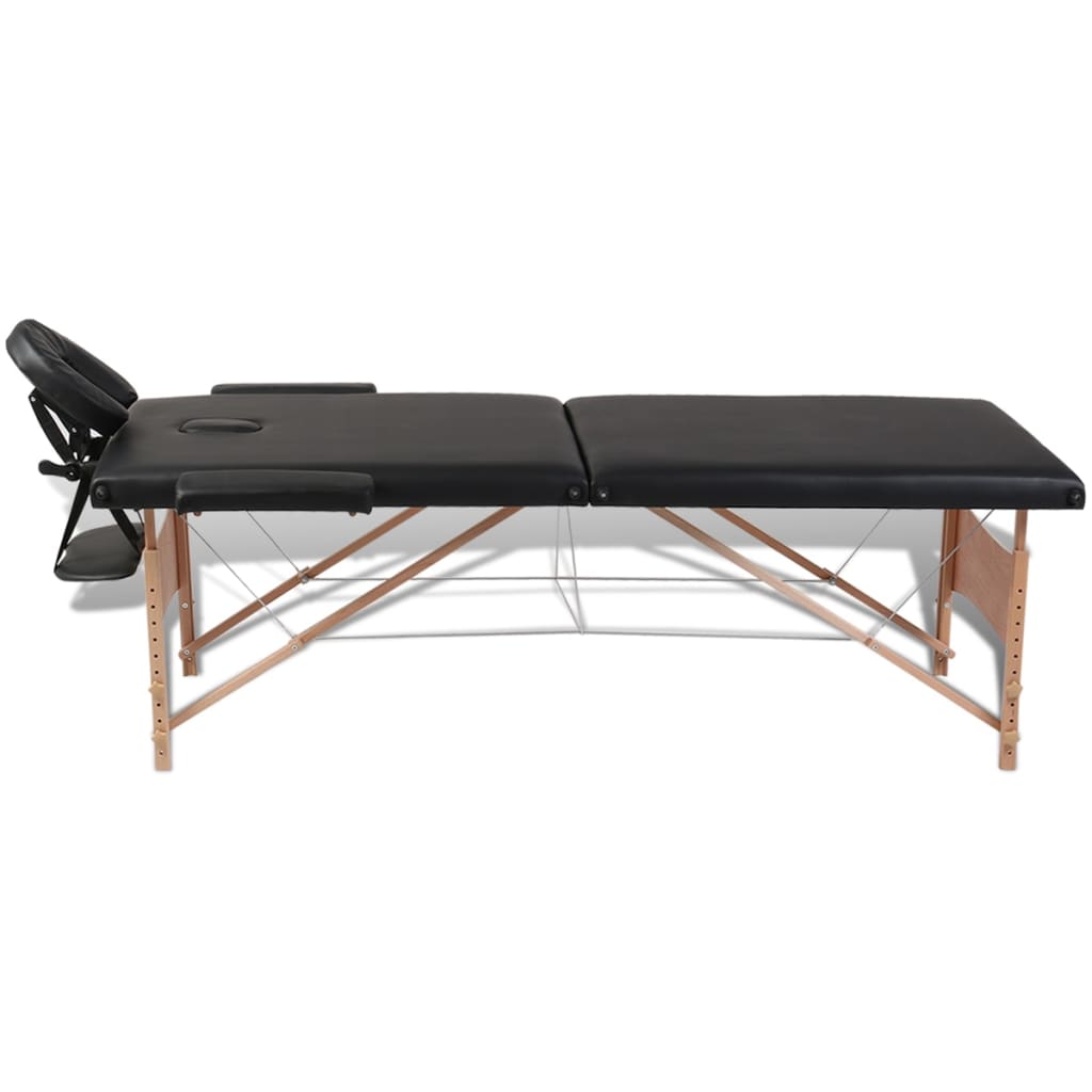 Masă de masaj pliabilă neagră, 4 zone, cu cadru din lemn