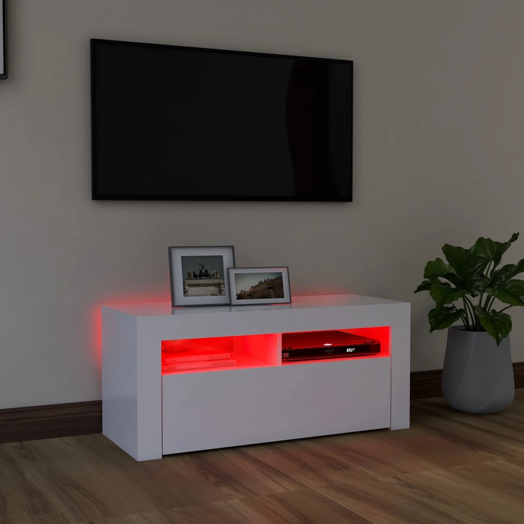 vidaXL Comodă TV cu lumini LED, alb, 90x35x40 cm